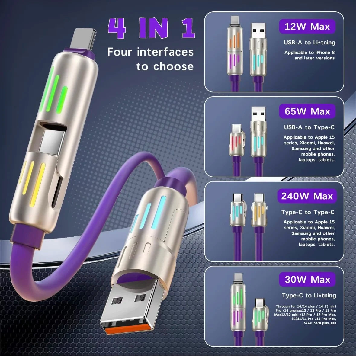 240W 4-in-1 USB Type C Silicone Fast Charging Cable, For iPhone/Huawei/Samsung/ Durable Type-C To USB A Cable