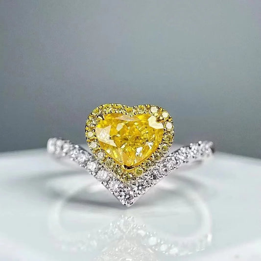 SGARIT Jewelry 18K White Gold Inlaid Diamond Love Heart Ring Classic 1.15 Carat Heart Cut Yellow Diamond Halo Ring for Woman