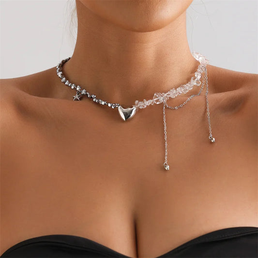 New Y2K Heart Beaded Necklace Women Boho Crystal Class Gravel Clavicle Chain Cool Y2K Choker Exquisite Fashion Jewelry