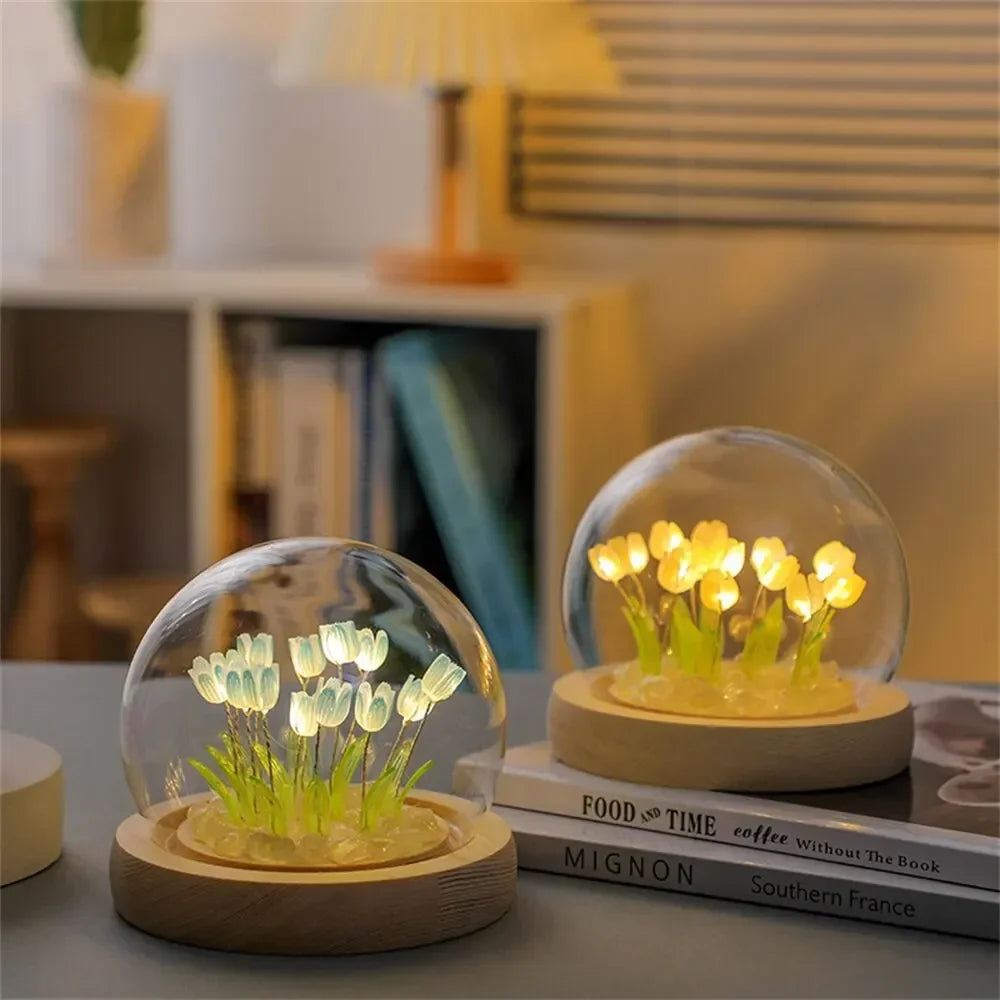 Artificial Tulip Night Light with Transparent Cover Handmade DIY Bedside Lamp LED Night Light Home Decoration Atmosphere Light