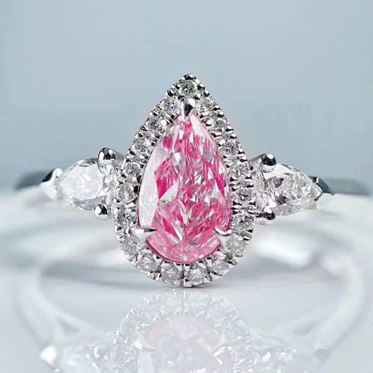 SGARIT Jewelry 18K White Gold 0.55 Carat Ring Drop Shaped Clarity VS Pink Natural Diamond Ring for Woman Birthday Gift