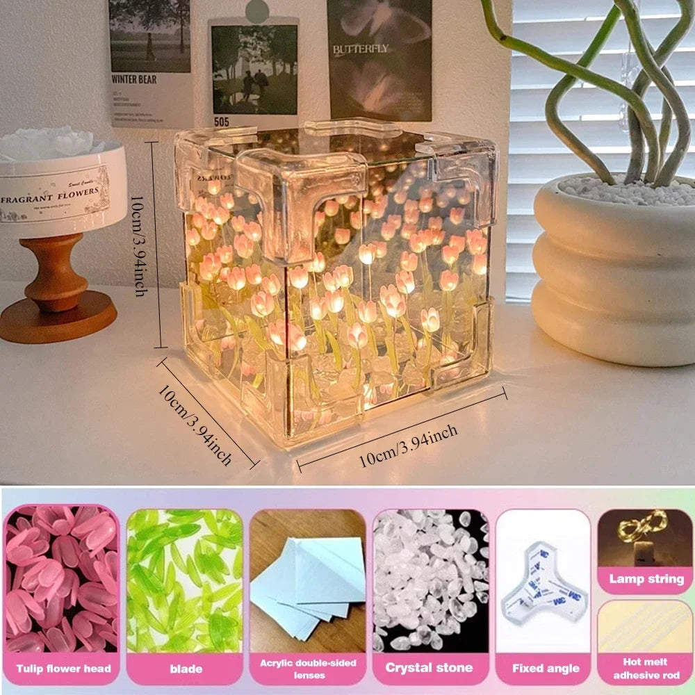 Artificial Tulip Night Light with Transparent Cover Handmade DIY Bedside Lamp LED Night Light Home Decoration Atmosphere Light
