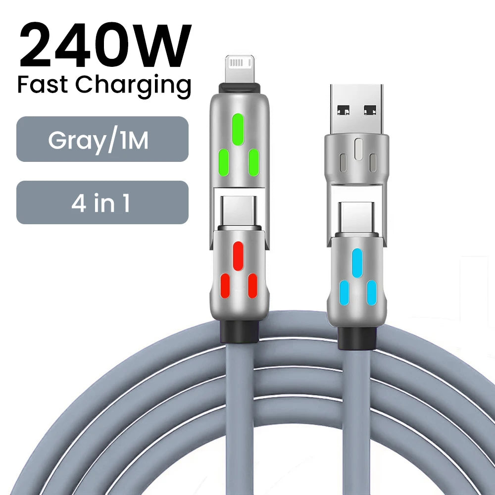 240W USB to Type C 4 in 1 Fast Charging Cable PD3.0 High Speed Data Transfer Charger Cable for iPhone 1514 Samsung Xiaomi HUAWEI