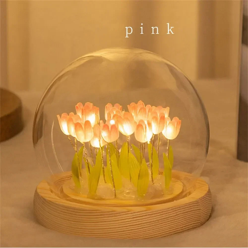 Artificial Tulip Night Light with Transparent Cover Handmade DIY Bedside Lamp LED Night Light Home Decoration Atmosphere Light