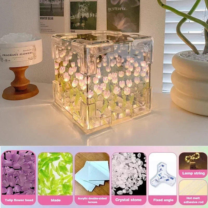 Artificial Tulip Night Light with Transparent Cover Handmade DIY Bedside Lamp LED Night Light Home Decoration Atmosphere Light