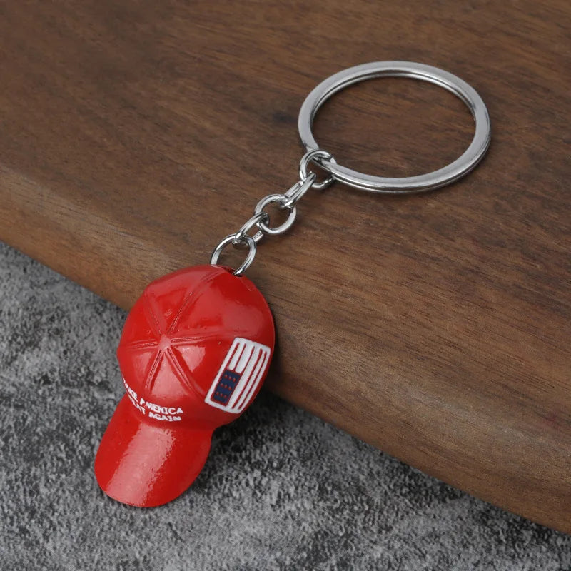 American Flag Hat Trump Red Hat Pendant Keychain Make America Great Again Metal Key Chain for Men Mesh Cap Car Key Ring Jewelry