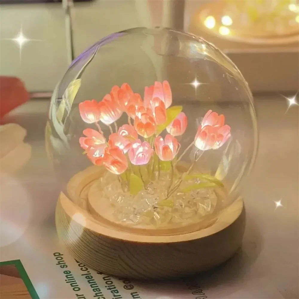 Artificial Tulip Night Light with Transparent Cover Handmade DIY Bedside Lamp LED Night Light Home Decoration Atmosphere Light