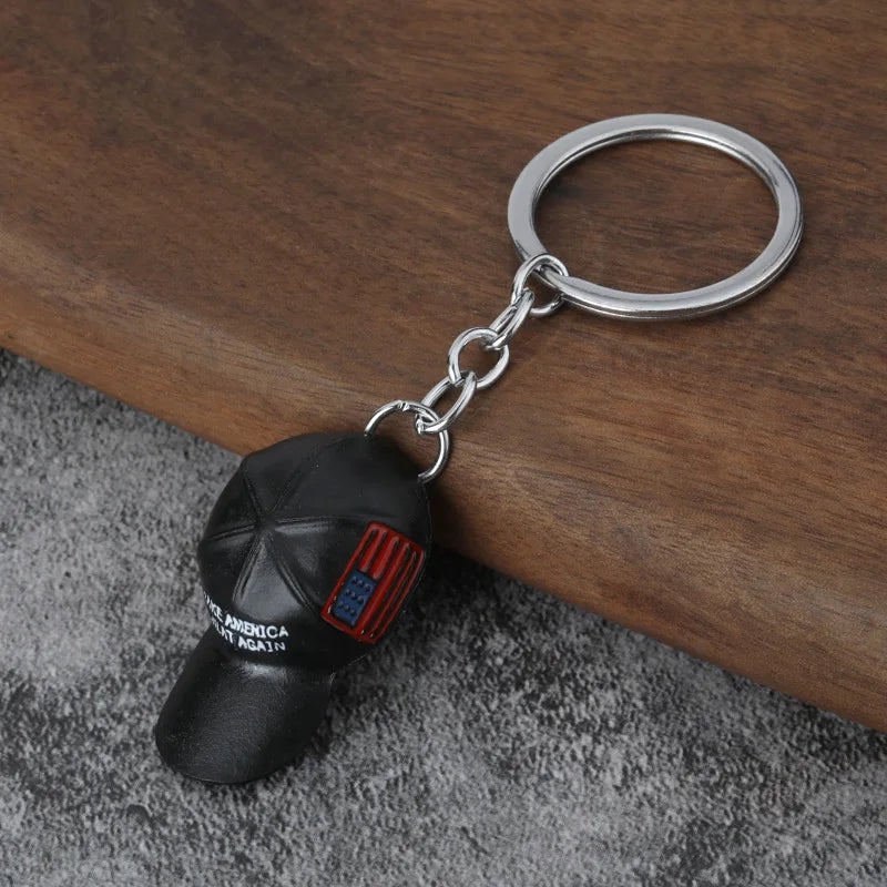 American Flag Hat Trump Red Hat Pendant Keychain Make America Great Again Metal Key Chain for Men Mesh Cap Car Key Ring Jewelry