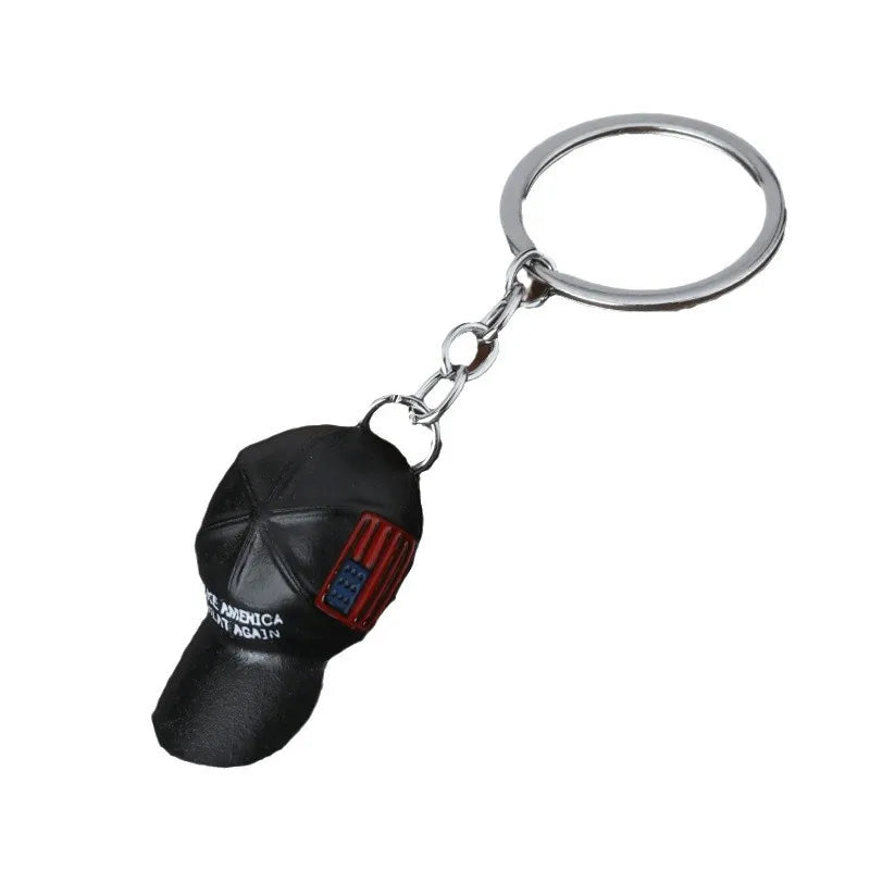 American Flag Hat Trump Red Hat Pendant Keychain Make America Great Again Metal Key Chain for Men Mesh Cap Car Key Ring Jewelry