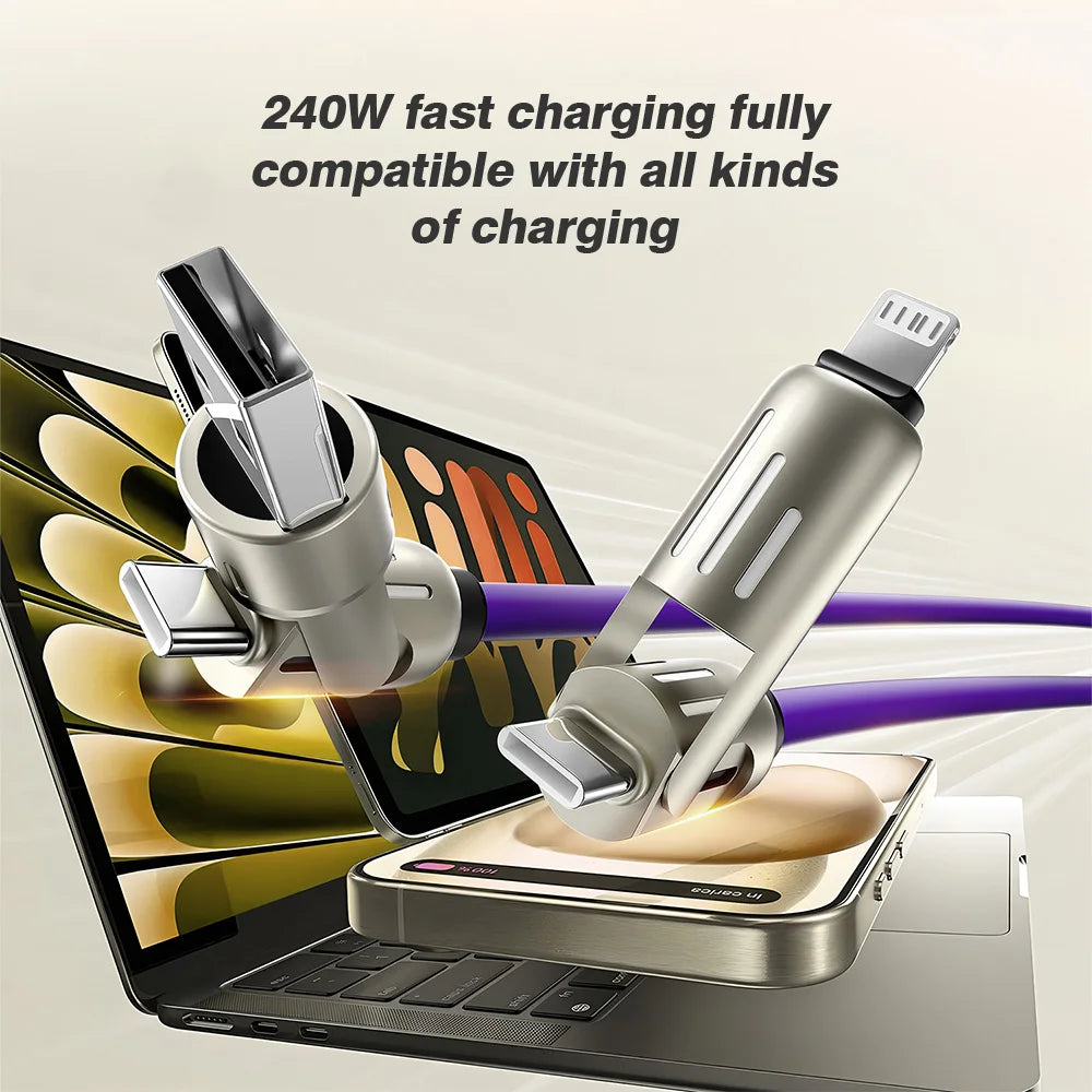 240W 4-in-1 Super Fast Charging Cable RGB Breathing Light Type-C  For iPhone7-16ProMax iPad Notebook Tablet Mobile Phone Samsung