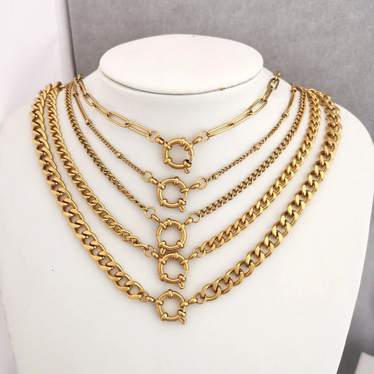 QMHJE Sailor Clasp Necklace Women Men Choker Stainless Steel Geometric Rolo Link Cuba Paperclip Chain Basic DIY PVD Gold Color