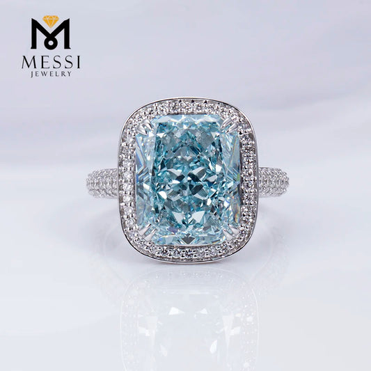 Messi Jewelry 14K White Gold Blue Lab Grown Diamond 1.6CT  Cushion Cut Eternity Ring